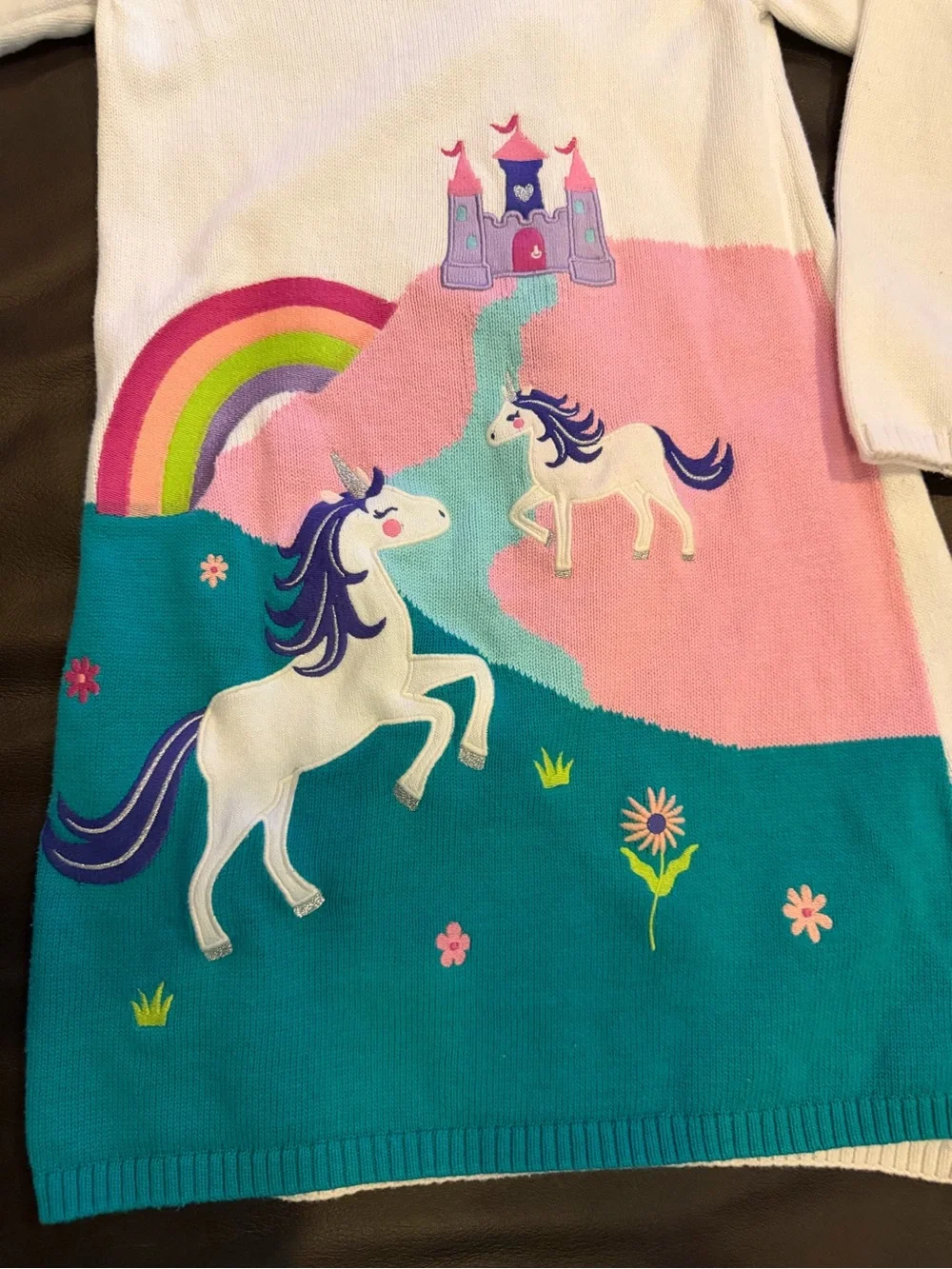 Gymboree White, Teal & Pink Unicorn Castle Knit Dress